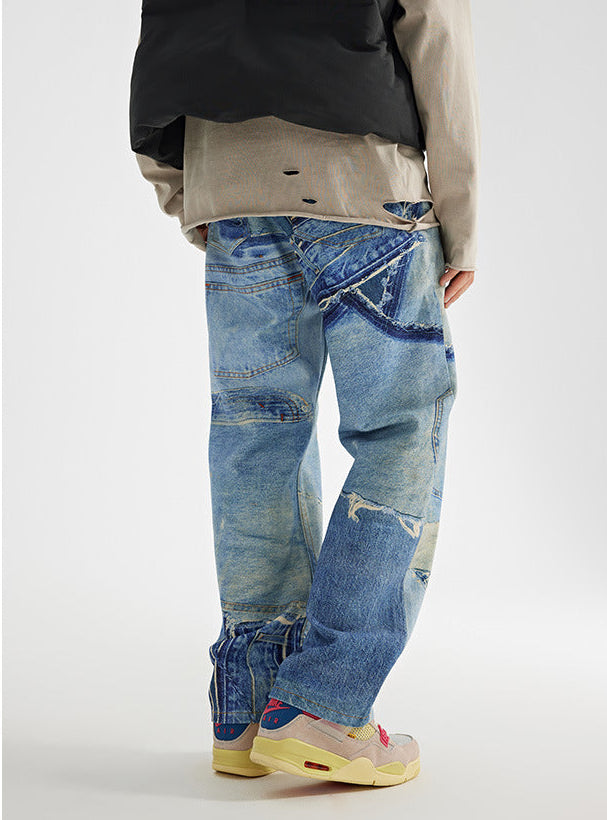 Men’s Patchwork Washed Straight Wide‑Leg Jeans — Loose Fit Casual Denim
