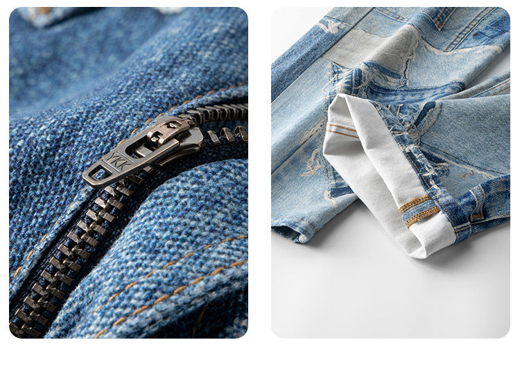 Men’s Patchwork Washed Straight Wide‑Leg Jeans — Loose Fit Casual Denim