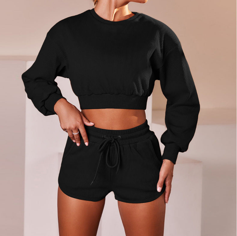 Women’s Athletic Two-Piece Set – Long Sleeve Top & Shorts