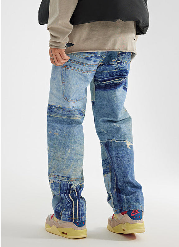 Men’s Patchwork Washed Straight Wide‑Leg Jeans — Loose Fit Casual Denim
