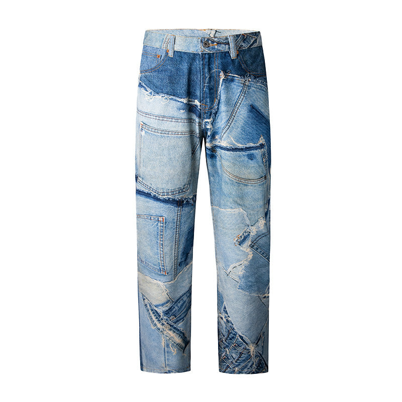 Men’s Patchwork Washed Straight Wide‑Leg Jeans — Loose Fit Casual Denim