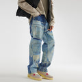 Men’s Patchwork Washed Straight Wide‑Leg Jeans — Loose Fit Casual Denim