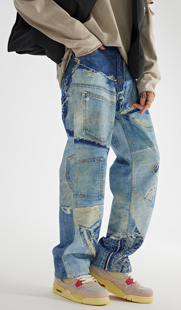 Men’s Patchwork Washed Straight Wide‑Leg Jeans — Loose Fit Casual Denim