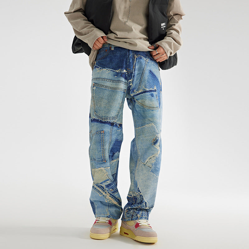 Men’s Patchwork Washed Straight Wide‑Leg Jeans — Loose Fit Casual Denim