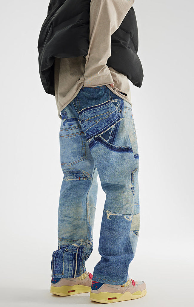 Men’s Patchwork Washed Straight Wide‑Leg Jeans — Loose Fit Casual Denim