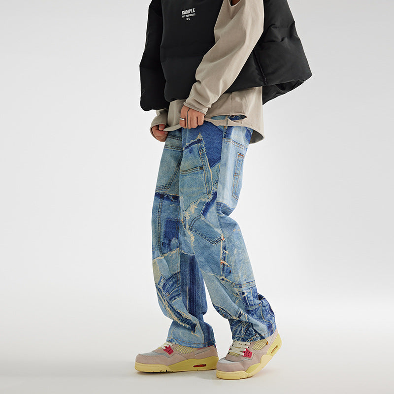 Men’s Patchwork Washed Straight Wide‑Leg Jeans — Loose Fit Casual Denim